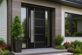 A sleek, modern black Framewell front door with glass side panels, set against a home with wood-look siding.