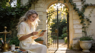 Woman painting with color swatches in a sunlit garden courtyard