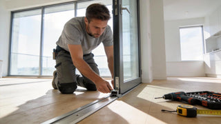Technician installing sliding glass door in modern home