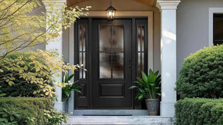 Black front door with textured glass sidelights and porch plants