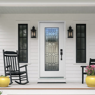 White front porch with fiberglass door featuring decorative leaded glass and black sidelites
