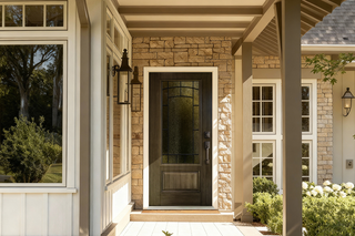  A rustic-style entry door with arched glass panels, set against a stone facade and a cozy porch.