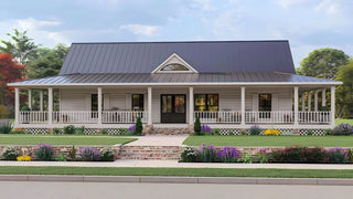 Wide view of a classic white farmhouse with a large front porch and dark roof.