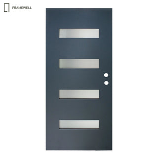Contemporary Modern 4-Lite Fiberglass Entry Door Slab – Pre-Bored with Privacy Glass