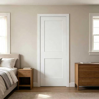 Multiple Sizes 2-Panel Shaker Style White Primed Solid Core Swing Door Slab, NOT Pre-drilled and NOT Included Hardware