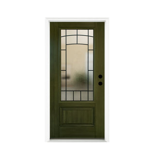 FRAMEWELL 36in x 80in Wrought Iron Frosted Glass Smooth Brush Stained Fiberglass Door