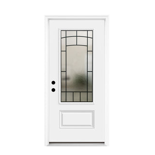 FRAMEWELL 36in x 80in Wrought Iron Frosted Glass Smooth Brush Stained Fiberglass Door