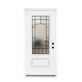 FRAMEWELL 36in x 80in Wrought Iron Frosted Glass Smooth Brush Stained Fiberglass Door