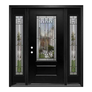 3/4 view 1-Panel Decorative Glass Entry Door with Two 1-Lite Sidelites