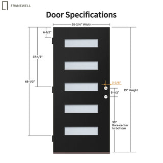 Contemporary Modern 5-Lite Fiberglass Entry Door Slab – Pre-Bored with Privacy Glass