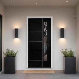 36" x 80" Fiberglass Front Entry Door, Contemporary Black Front Door with Horizontal Groove Lines and Frosted Glass, Knock Down Exterior Door with Vinyl Frame