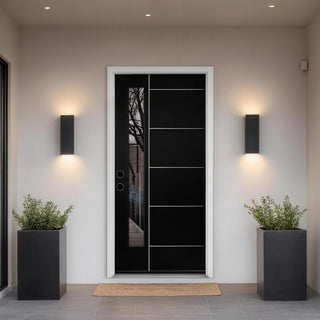 36" x 80" Fiberglass Front Entry Door, Contemporary Black Front Door with Horizontal Groove Lines and Frosted Glass, Knock Down Exterior Door with Vinyl Frame