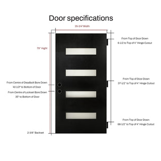 Diagram: 36"x80" black fiberglass door with frosted glass, showing height, width, bore, and hinge cutout measurements.