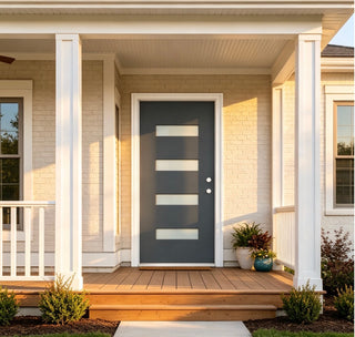 36 x 80  Modern 4‑Lite Frosted Glass Fiberglass Entry Door Kit, Knock‑Down Vinyl Frame with Brickmould, Hinges, Threshold, Multiple Finish Options, Frame Assembly Required