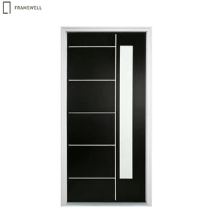 36 x 80 Fiberglass Exterior Door, Modern Style And Durable Black Design with Brickmould,Vinyl Frame, Frosted Glass