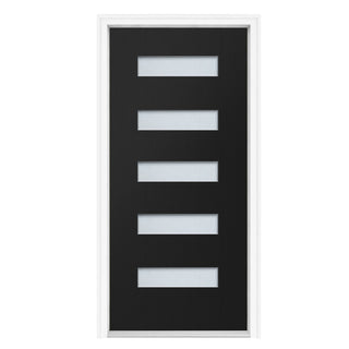 Contemporary black fiberglass front door with five frosted glass lites and white frame