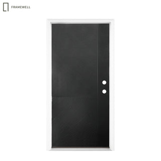 36x80 Black Fiberglass Entry Door with Modern Parallel Line Design, Knock-Down Vinyl Frame with Brickmould, Hinges, Threshold