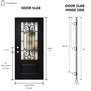 36" x 80" Linear Textured Entry Door,with Brickmould, vinyl frame, 3/4 view Low-E Clear Glass+Cloud Glass, and Floral Wrought-Iron Design‌