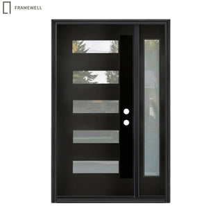 51"x 80"or 53"x 80"Black Fiberglass Door with Frost Glass, 5-Lite Glass Exterior Door with Sidelight for Home's Entryway
