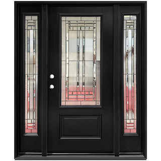 3/4 view 1-Panel Decorative Glass Entry Door with Two 1-Lite Sidelites