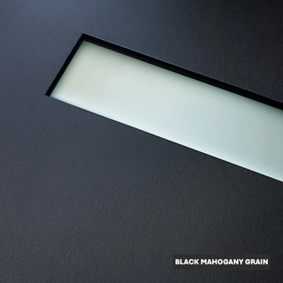 Black mahogany grain fiberglass front door with frosted glass lite