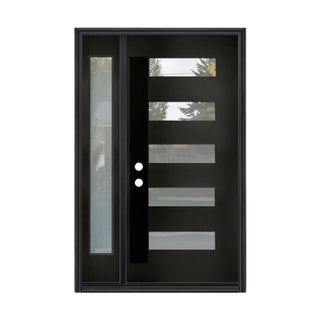 51"x 80"or 53"x 80"Black Fiberglass Door with Frost Glass, 5-Lite Glass Exterior Door with Sidelight for Home's Entryway