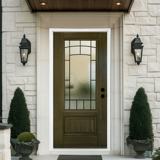 FRAMEWELL 36in x 80in Wrought Iron Frosted Glass Smooth Brush Stained Fiberglass Door