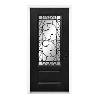 36 x 80 smooth fiberglass entrance door,with Brickmould, vinyl frame, 3/4 view Clear Glass+Cloud Glass, and Floral Wrought-Iron Design‌