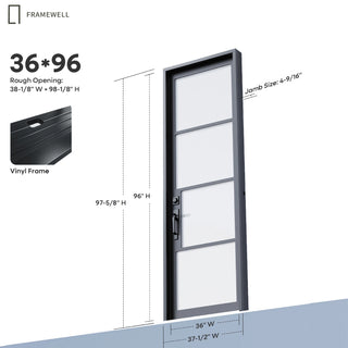 32x96/36x96 Slim‑Line 4‑Pane Low-E Clear Glass Entry Door Kit, Knock‑Down Vinyl Frame with Hinges, Threshold, Door Shoe
