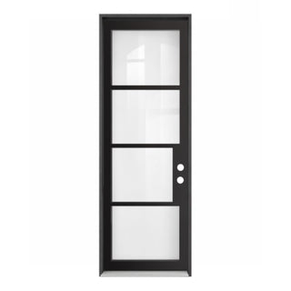 32x96/36x96 Slim‑Line 4‑Pane Low-E Clear Glass Entry Door Kit, Knock‑Down Vinyl Frame with Hinges, Threshold, Door Shoe; Frame Requires On‑Site Assembly