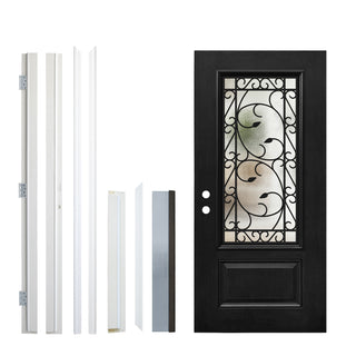 36 x 80 smooth fiberglass entrance door,with Brickmould, vinyl frame, 3/4 view Clear Glass+Cloud Glass, and Floral Wrought-Iron Design‌