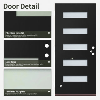 Black fiberglass entry door slab with frosted privacy glass, pre-bored lock holes and modern horizontal panels
