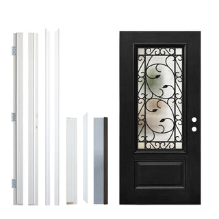 36 x 80 smooth fiberglass entrance door,with Brickmould, vinyl frame, 3/4 view Clear Glass+Cloud Glass, and Floral Wrought-Iron Design‌