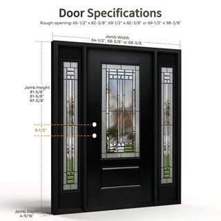 3/4 view 1-Panel Decorative Glass Entry Door with Two 1-Lite Sidelites