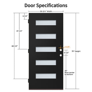 36x80 black fiberglass entry door slab with five frosted glass lites and pre-bored holes