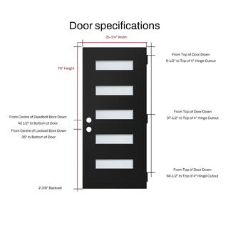 Contemporary black 5-lite fiberglass front door with frosted glass inserts and dimension labels