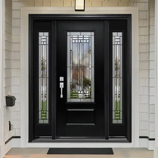 3/4 view 1-Panel Decorative Glass Entry Door with Two 1-Lite Sidelites