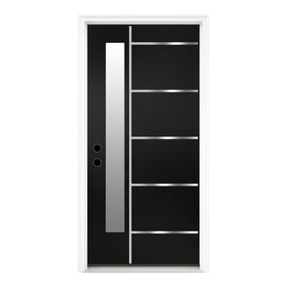 36" x 80" Fiberglass Front Entry Door, Contemporary Black Front Door with Metal Strip and Frosted Glass, Knock Down Exterior Door with Vinyl Frame
