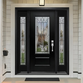 3/4 view 1-Panel Decorative Glass Entry Door with Two 1-Lite Sidelites