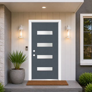 36 x 80  Modern 4‑Lite Frosted Glass Fiberglass Entry Door Kit, Knock‑Down Vinyl Frame with Brickmould, Hinges, Threshold, Multiple Finish Options, Frame Assembly Required