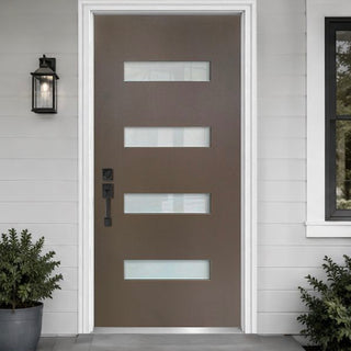 36 x 80  Modern 4‑Lite Frosted Glass Fiberglass Entry Door Kit, Knock‑Down Vinyl Frame with Brickmould, Hinges, Threshold, Multiple Finish Options, Frame Assembly Required