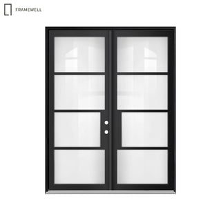 72 x 96 Modern Minimalist French 8-Lite Low-E Double Pane Clear Glass Double Entry Door Kit, Knock‑Down Vinyl Frame with Hinges, Threshold, Door Shoe