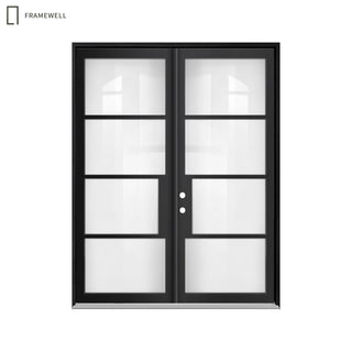 72 x 96 Modern Minimalist French 8-Lite Low-E Double Pane Clear Glass Double Entry Door Kit, Knock‑Down Vinyl Frame with Hinges, Threshold, Door Shoe