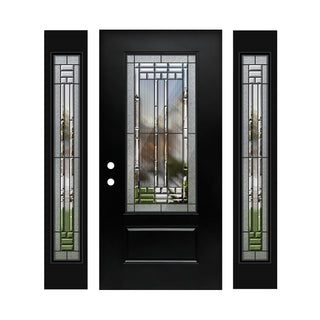 3/4 view 1-Panel Decorative Glass Entry Door with Two 1-Lite Sidelites