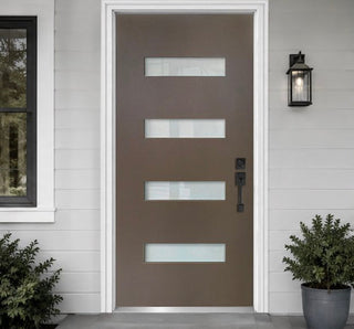 36 x 80  Modern 4‑Lite Frosted Glass Fiberglass Entry Door Kit, Knock‑Down Vinyl Frame with Brickmould, Hinges, Threshold, Multiple Finish Options, Frame Assembly Required