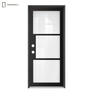36x80 Slim‑Line 3‑Pane Low-E Clear Glass Entry Door Kit, Knock‑Down Vinyl Frame with Hinges, Threshold, Door Shoe; Frame Requires On‑Site Assembly