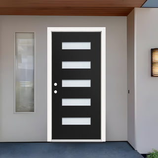 Contemporary 5-lite fiberglass front door with black finish and frosted rectangular glass inserts