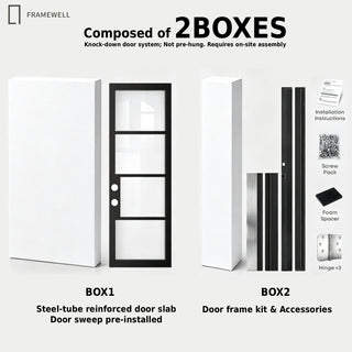 32x96/36x96 Slim‑Line 4‑Pane Low-E Clear Glass Entry Door Kit, Knock‑Down Vinyl Frame with Hinges, Threshold, Door Shoe; Frame Requires On‑Site Assembly
