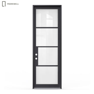 32x96/36x96 Slim‑Line 4‑Pane Low-E Clear Glass Entry Door Kit, Knock‑Down Vinyl Frame with Hinges, Threshold, Door Shoe; Frame Requires On‑Site Assembly