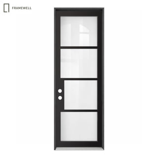 32x96/36x96 Slim‑Line 4‑Pane Low-E Clear Glass Entry Door Kit, Knock‑Down Vinyl Frame with Hinges, Threshold, Door Shoe; Frame Requires On‑Site Assembly